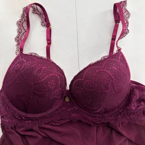 Daisy Fuentes Sheer Lace L Babydoll Nightgown Lingerie Plum Adjustable Purple - Picture 7 of 9